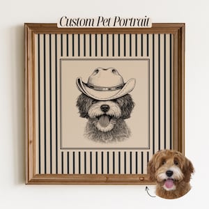 Custom Western Dog Wall Art, Custom Pet Portrait, Personalised Dog Artwork, Dog Illustration with Striped Border, Western Statement Decor