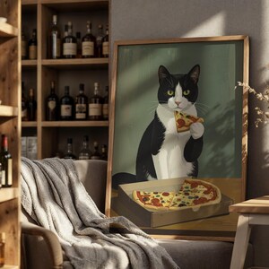Moody Tuxedo Cat Oil Painting Style Print, Funny Tuxedo Cat Eating Pizza Poster, Black and White Cat Print, Dark Humor Wall Art Poster image 2