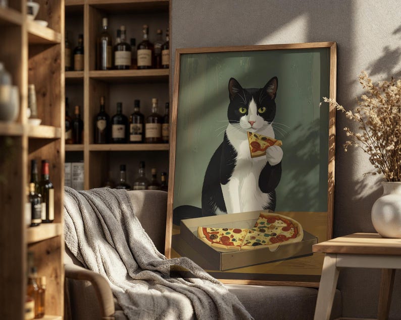 Moody Tuxedo Cat Oil Painting Style Print, Funny Tuxedo Cat Eating Pizza Poster, Black and White Cat Print, Dark Humor Wall Art Poster image 2