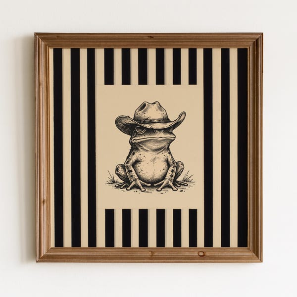 Western Cowboy Frog Wall Art – Cool Frog Illustration with Striped Border, Western Statement Decor, Western Vintage Frog Print
