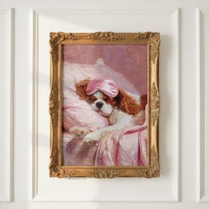 Cavalier King Charles Spaniel Wall Art – Vintage Oil Painting Style Dog Portrait | Pink Bedroom Décor, Shabby Chic Dog Lover Gift