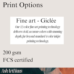May include: Text on a light beige background reads "Print Options." Below, a white rectangle contains text about "Fine art - Gicl&eacute;e" and 12-color printing technology. Additional text states "200 gsm" and "FCS certified."