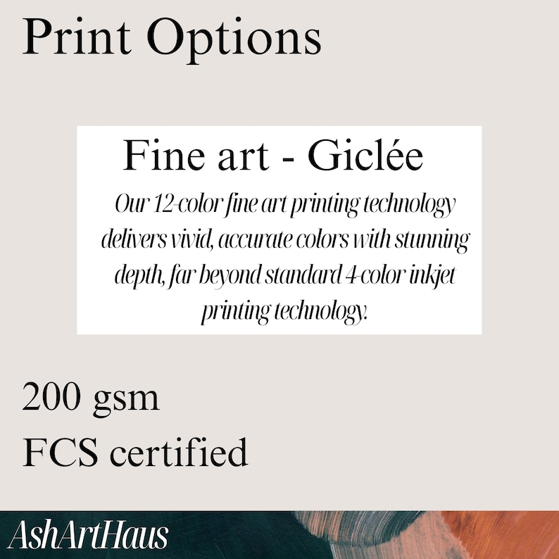 May include: Text on a light beige background reads "Print Options." Below, a white rectangle contains text about "Fine art - Gicl&eacute;e" and 12-color printing technology. Additional text states "200 gsm" and "FCS certified."