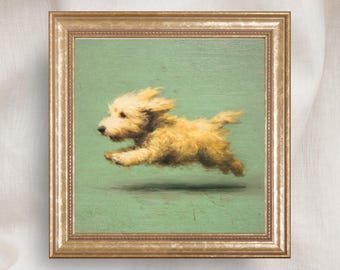 Dog With Zoomies Oil Painting Print, Playful Dog Wall Art, Rustic Pet Art, Farmhouse Dog Decor, Dog Lover Gift, Running Dog Poster