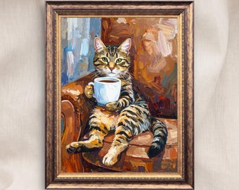 Textured Tabby Cat Oil Painting Print, Funny Tabby Cat Print, Oil Painting Style Portrait, Tabby Cat Drinking Coffee, Cat Owner Canvas Gift