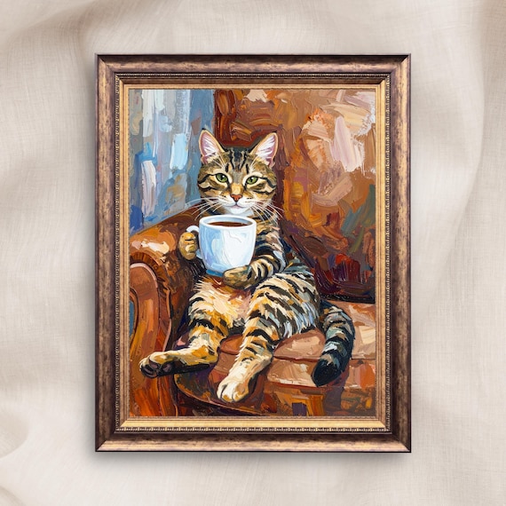 Textured Tabby Cat Oil Painting Print, Funny Tabby Cat Print, Oil Painting Style Portrait, Tabby Cat Drinking Coffee, Cat Owner Canvas Gift