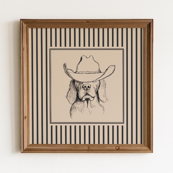 Western Cowboy Dog Wall Art – Cool Dog Illustration with Striped Border, Western Statement Decor, Western Vintage Dog Print
