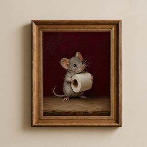 Mouse Toilet Roll Wall Art, Funny Bathroom Animal Print, Vintage Burgundy Bathroom Decor, Quirky Mouse Painting