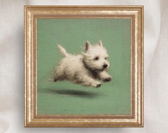 West Highland Terrier Dog With Zoomies Oil Painting Print, Playful Dog Wall Art, Rustic Pet Art, Farmhouse Dog Decor, Running Dog Poster