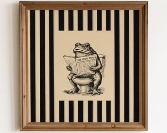 Funny Bathroom Vintage Frog On Toilet Poster, Black Ink Frog Sketch, Striped Vintage Wall Art, Bathroom Wall Art, Frog Reading Newspaper