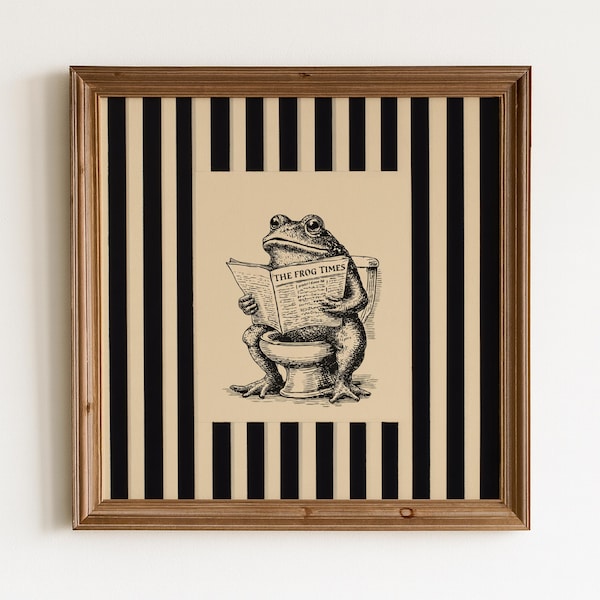 Funny Bathroom Vintage Frog On Toilet Poster, Black Ink Frog Sketch, Striped Vintage Wall Art, Bathroom Wall Art, Frog Reading Newspaper
