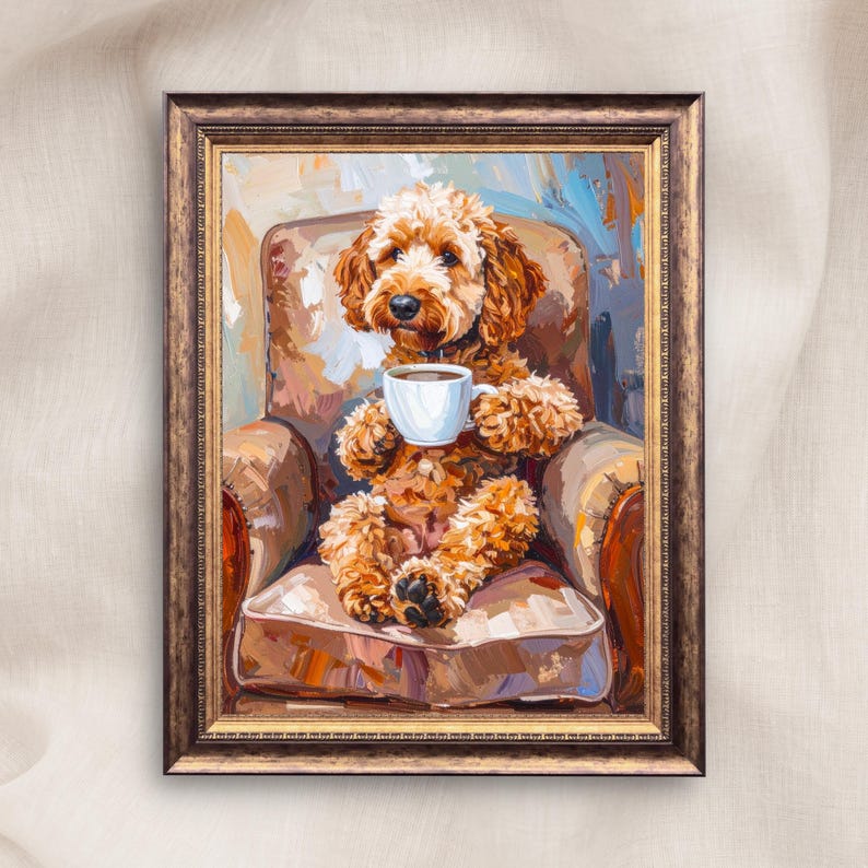 May include: An oil painting in a brown frame shows a brown Goldendoodle dog in a brown armchair, holding a white coffee cup. The dog has curly fur and a black collar. The background has muted blue and tan tones.