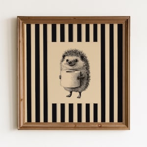 Funny Bathroom Vintage Hedgehog Holding Toilet Roll Poster, Black Ink Hedgehog Sketch, Striped Vintage Wall Art, Bathroom Wall Art