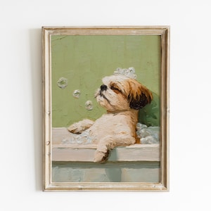 May include: A framed vintage-style painting depicts a Shih Tzu dog relaxing in a bathtub. The dog has light brown and white fur, with a dark brown patch on its ear. The background is a light green, and bubbles float around the dog.