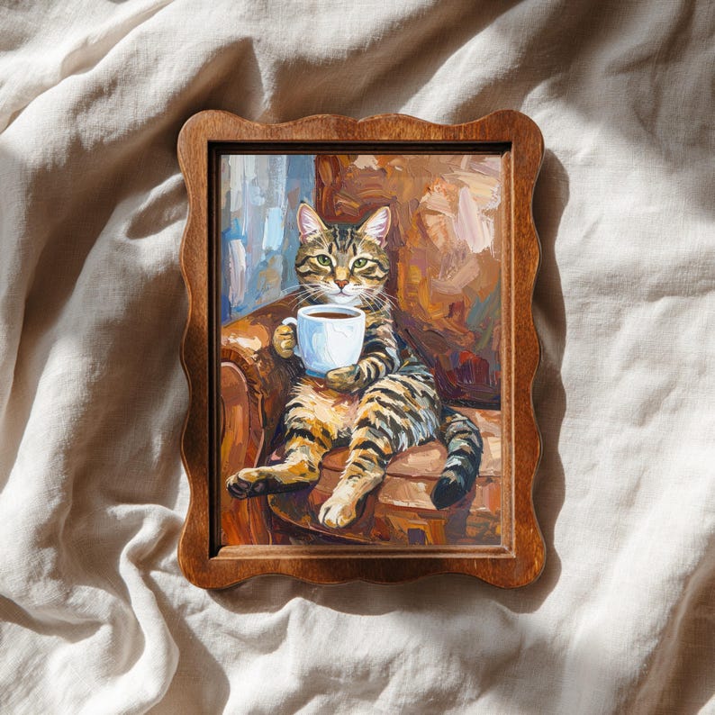 Textured Tabby Cat Oil Painting Print, Funny Tabby Cat Print, Oil Painting Style Portrait, Tabby Cat Drinking Coffee, Cat Owner Canvas Gift image 2