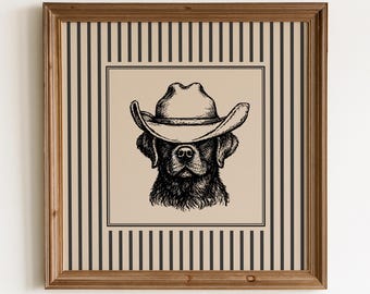 Decorazione murale con cane Labrador da cowboy occidentale: illustrazione di un cane con bordo a strisce, decorazione western, stampa vintage di un cane western.