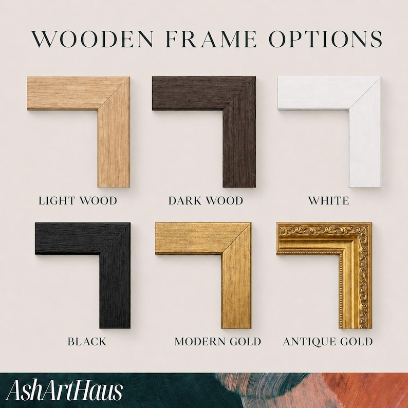 various wooden frame options, including light wood, dark wood, white, black, modern gold, and antique gold, arranged in a grid layout.
