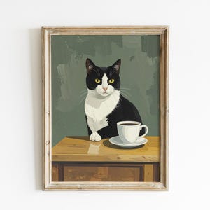 Moody Tuxedo Cat Oil Painting Style Print, Funny Tuxedo Cat Drinking Coffee Poster, Black and White Cat Print, Dark Humor Wall Art Poster