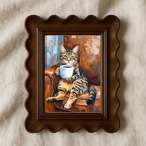 Textured Tabby Cat Oil Painting Print, Funny Tabby Cat Print, Oil Painting Style Portrait, Tabby Cat Drinking Coffee, Cat Owner Canvas Gift image 4