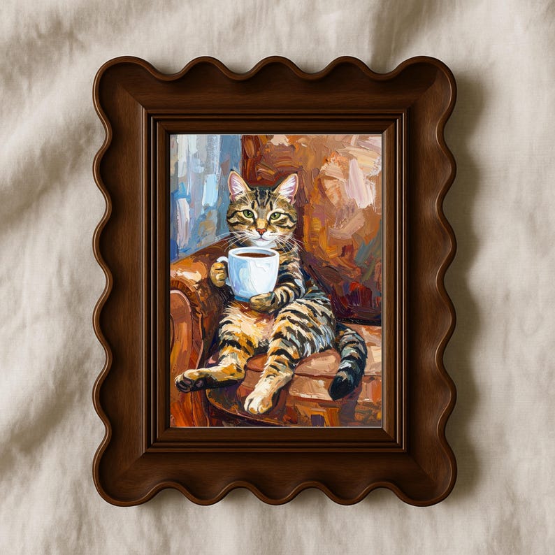 Textured Tabby Cat Oil Painting Print, Funny Tabby Cat Print, Oil Painting Style Portrait, Tabby Cat Drinking Coffee, Cat Owner Canvas Gift image 4