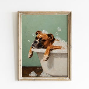 Muurdecoratie met een Boxerhond – Olieverfschilderij-achtige print van een badkuip met bubbels | Leuke badkamerdecoratie voor huisdieren | Cadeau voor hondenliefhebbers | Boxerhond cadeauprint