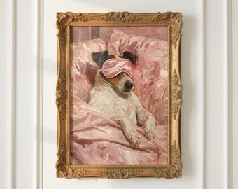 Jack Russell Terrier Wall Art – Vintage Oil Painting Style Dog Portrait | Jack Russell Terrier in Satin Sleep Mask | Cute Pink Bedroom Decor