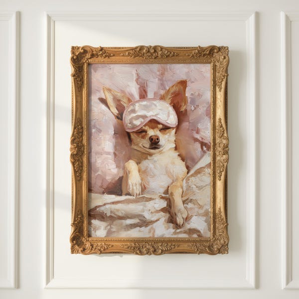 Chihuahua Wall Art – Vintage Oil Painting Style Dog Portrait | Chihuahua in Satin Sleep Mask | Cute Pink Bedroom Décor, Chihuahua Gift