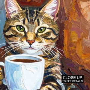 Textured Tabby Cat Oil Painting Print, Funny Tabby Cat Print, Oil Painting Style Portrait, Tabby Cat Drinking Coffee, Cat Owner Canvas Gift image 6