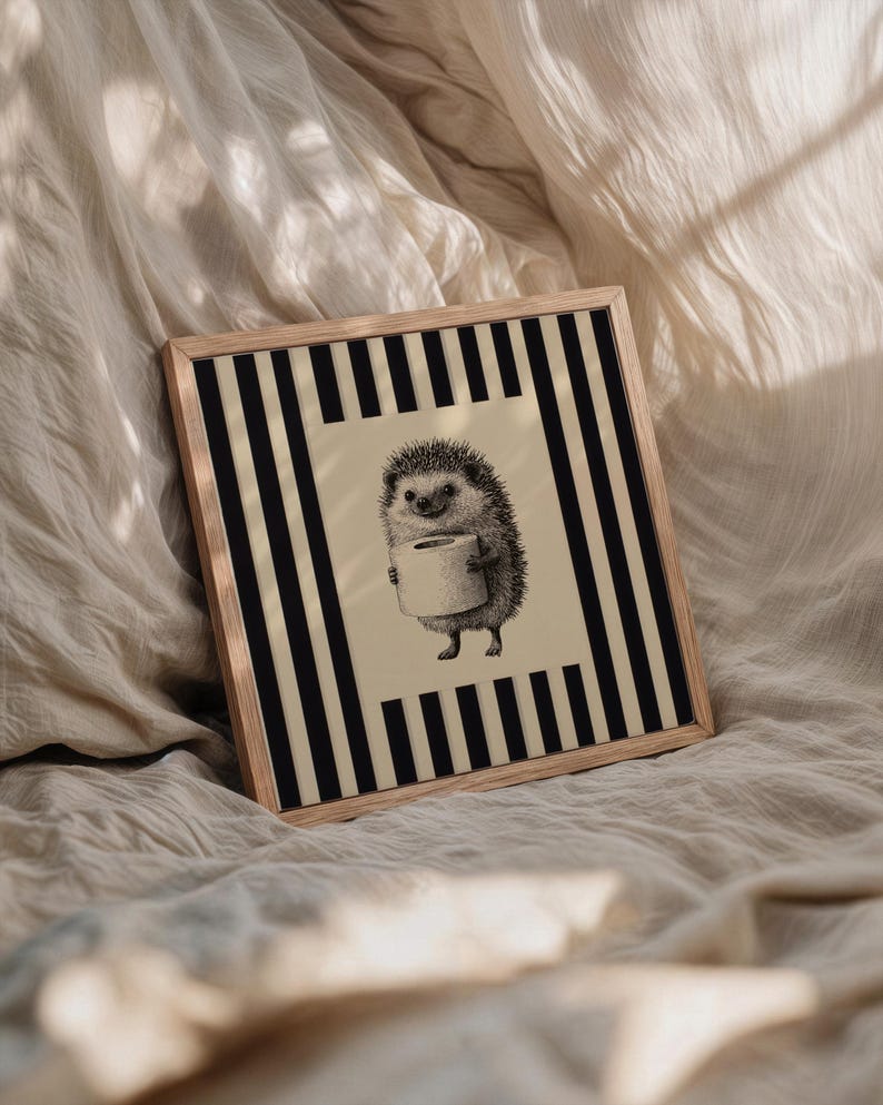 Funny Bathroom Vintage Hedgehog Holding Toilet Roll Poster, Black Ink ...