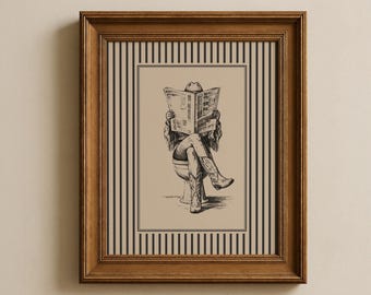 Western Cowgirl Reading Newspaper Art Print | Vintage Cowboy Boots Illustration | Rustic Farmhouse Wall Art | Neutral Western Decor