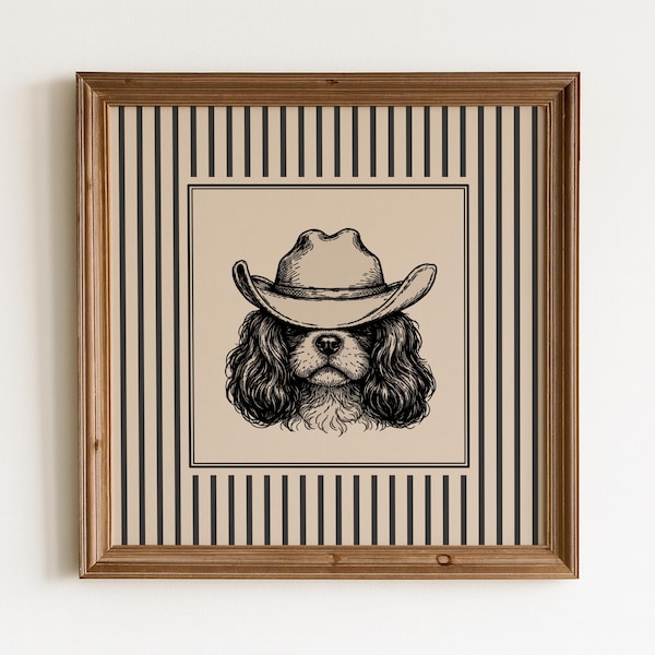 Arte de parede com um cão da raça Cavalier King Charles Spaniel, típico do Velho Oeste – Ilustração de um cão cowboy, decoração com estilo faroeste, estampa vintage de cachorro.