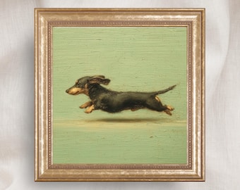 Dachshund Dog With Zoomies Oil Painting Print, Playful Dog Wall Art, Rustic Pet Art, Farmhouse Dog Decor, Dog Lover Gift, Running Dog Poster