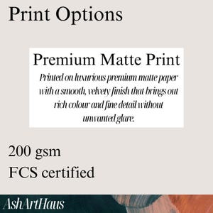 May include: Image displaying "Print Options" with text describing "Premium Matte Print" on luxurious paper, smooth finish, rich color, and fine detail. Includes "200 gsm" and "FCS certified" details.