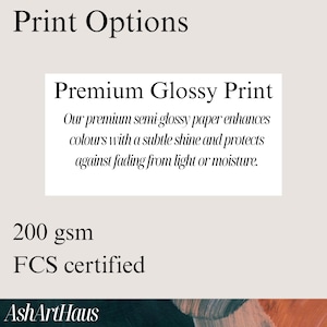 May include: Image displaying "Print Options" with text describing a premium glossy print. The text highlights the paper's ability to enhance colors and protect against fading. Additional details include "200 gsm" and "FCS certified."