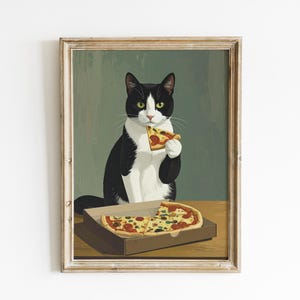 May include: Framed art print featuring a black and white cat holding a slice of pizza. The cat is sitting in front of a pizza box with more pizza slices. The artwork has a vintage style with a muted color palette.