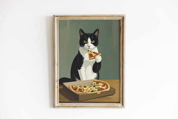 Moody Tuxedo Cat Oil Painting Style Print, Funny Tuxedo Cat Eating Pizza Poster, Black and White Cat Print, Dark Humor Wall Art Poster