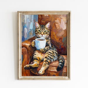 Textured Tabby Cat Oil Painting Print, Funny Tabby Cat Print, Oil Painting Style Portrait, Tabby Cat Drinking Coffee, Cat Owner Canvas Gift image 1