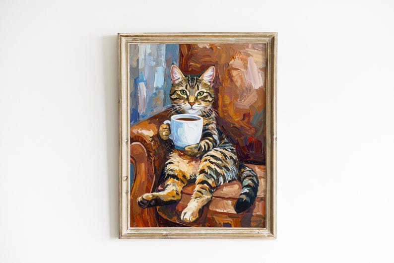 Textured Tabby Cat Oil Painting Print, Funny Tabby Cat Print, Oil Painting Style Portrait, Tabby Cat Drinking Coffee, Cat Owner Canvas Gift image 1