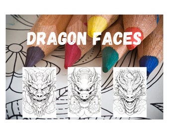 Dragon Faces Printable Coloring Pages, 40 Sheet Digital Download