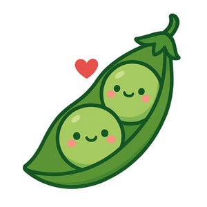 Puede incluir: Ilustración de dibujos animados de dos guisantes verdes con caras sonrientes y mejillas rosadas dentro de una vaina verde. Un corazón rojo flota sobre la vaina, sugiriendo afecto. La imagen tiene un diseño simple y alegre.