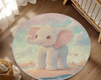 Elephant Nursery Rug, Cute Pastel Baby Room Carpet, Soft Safari Animal Play Mat , Adorable Elephant Rug for Kids and Nursery Decor