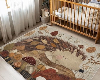 Cute Hedgehog Nursery Rug – Woodland Animal Carpet with Fall Leaves for Kids Room, Soft and Cozy Kids Rug,