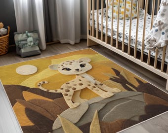 Cheetah Jungle Baby Rug, Safari Baby Room Carpet, Felt Jungle Animal Play Mat, Yellow Kids Room Rug, Handmade Look Safari Decor