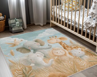Cute Jungle Animal Carpet for Baby Room, Safari Nursery Carpet, Safari Animal Rug for Nursery, Jungle Safari Play Rug, Kids Carpet