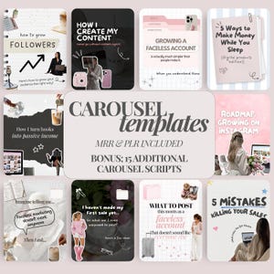 Könnte beinhalten: Eine Sammlung digitaler Social-Media-Karussell-Vorlagen mit verschiedenen pädagogischen Grafiken, Texteinblendungen und ästhetischen Bildern. Der zentrale Text lautet CAROUSEL templates, MRR & PLR INCLUDED, BONUS: 15 ADDITIONAL CAROUSEL SCRIPTS.