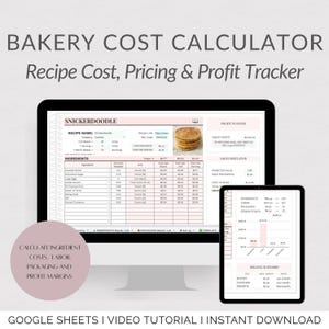 May include: A computer monitor and tablet displaying a bakery cost calculator spreadsheet. The calculator tracks recipe costs, pricing, and profit. The screen shows a snickerdoodle recipe with ingredient costs, profit margins, and sales scenarios.