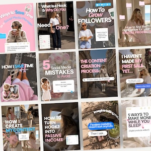 Op de afbeelding: Een verzameling van twaalf digitale social media marketing templates met lifestyle fotografie, pastelkleurenpaletten en overlay tekst inclusief zinnen zoals Ways to Save Time, How to Grow Followers en 5 Ways to Make Money While You Sleep.