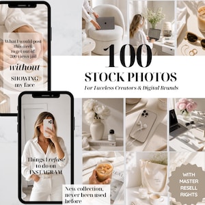 Könnte beinhalten: Eine Collage von Lifestyle-Stockfotos mit einer neutralen Farbpalette. Der Text lautet "100 Stockfotos für gesichtslose Ersteller und digitale Marken". Die Bilder zeigen einen Laptop, Blumen, Kaffee und eine Tragetasche. Der Text "Dinge, die ich auf Instagram ablehne" ist ebenfalls sichtbar.