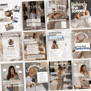 May include: A digital collage of twelve social media post templates featuring a neutral beige colour palette. The images display various lifestyle scenes, coffee cups, and text overlays including phrases like Behind the scenes, Content day, and Project calendar.