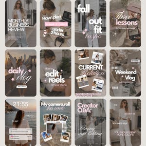 May include: A collection of twelve digital social media story templates featuring lifestyle photography, text overlays, and graphic elements. The images display various scenes including city streets, office workspaces, and coastal views with aesthetic typography.